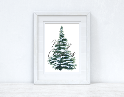 Merry Christmas Snowy Tree Winter Christmas Seasonal Wall Home Decor Print