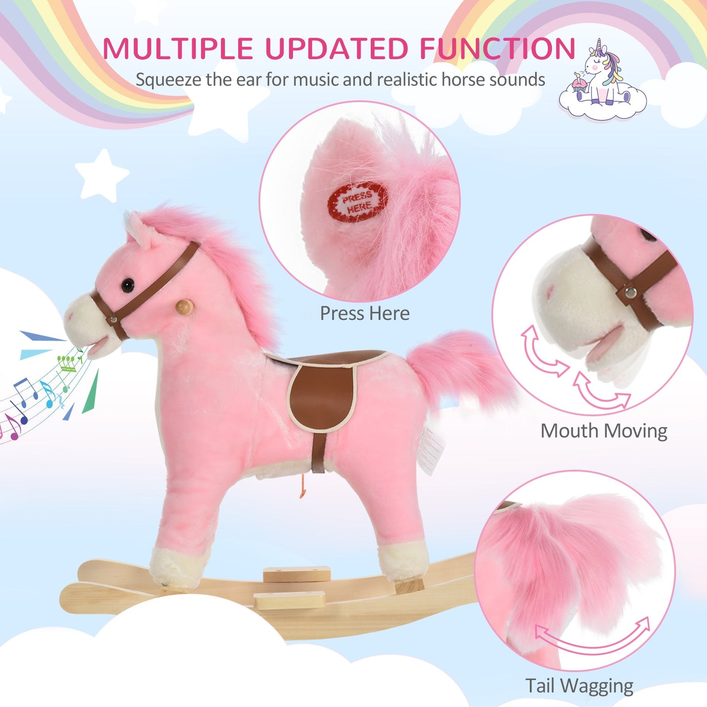 Kids Plush Rocking Horse w/ Sound Moving Mouth Wagging Tail Children Rocker Ride On Toy Gift 36 - 72 Months Pink