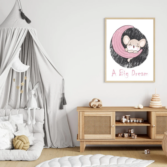 Dreamy Mouse Nursery Print – Moon & Stars Wall Art for Baby Rooms