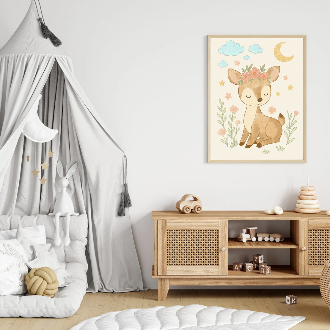 Floral Baby Deer – Woodland Animal Nursery Print