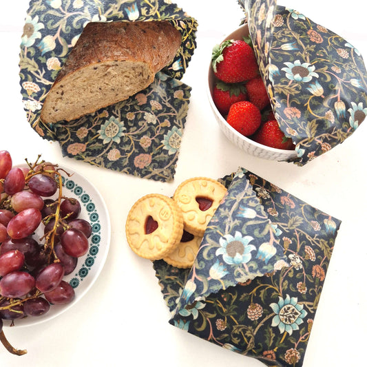*British Beeswax Set of 3 Handmade Beeswax Wraps | William Morris Evenlode Blue