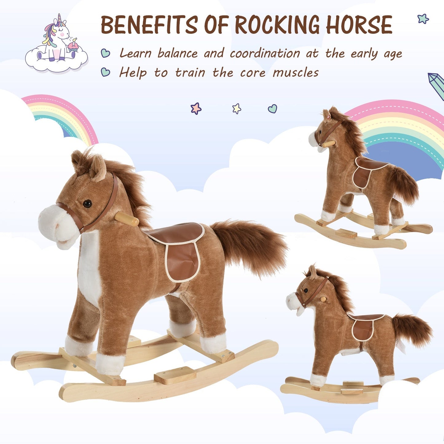 Kids Ride On Plush Rocking Horse With Sound Brown