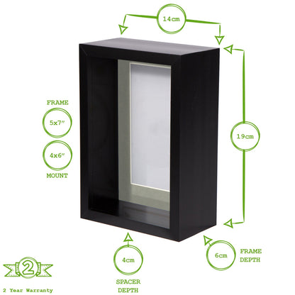 5" x 7" Black 3D Deep Box Photo Frame - with 4" x 6" Mount