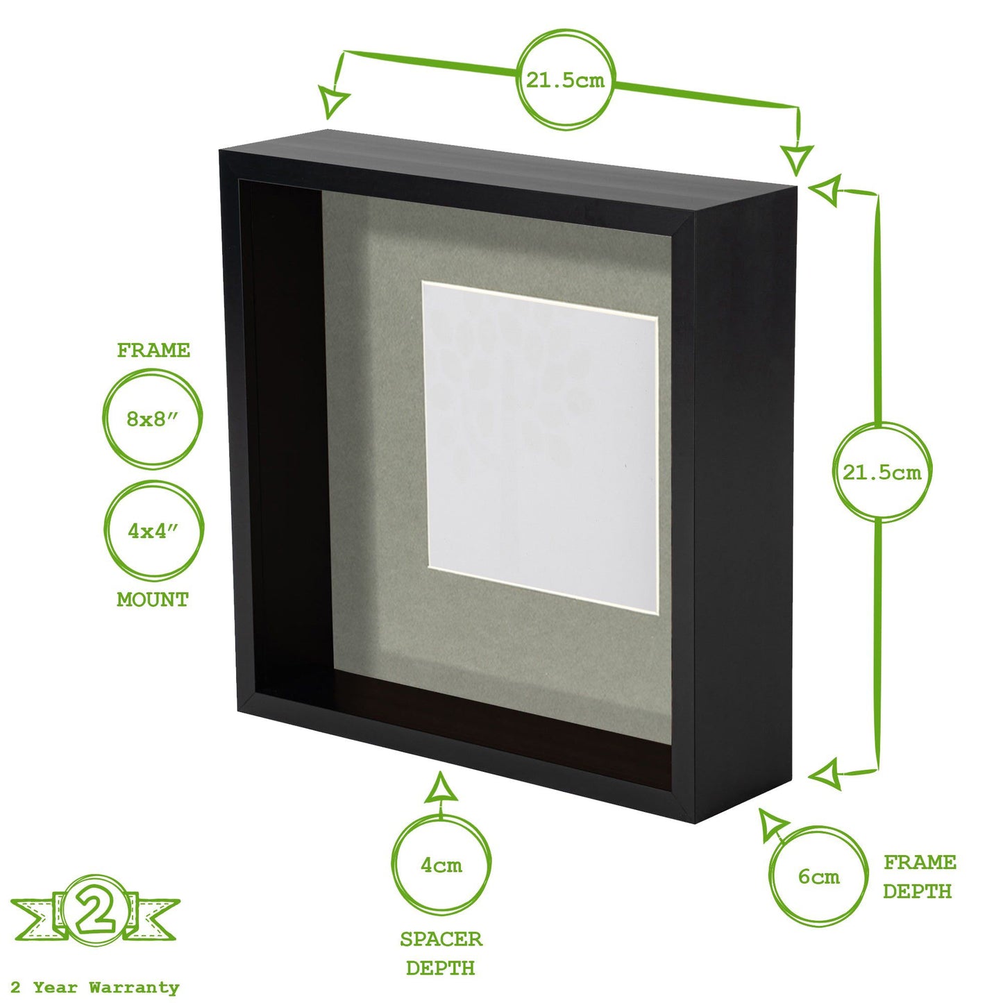 8" x 8" Black 3D Deep Box Photo Frame - with 4" x 4" Mount