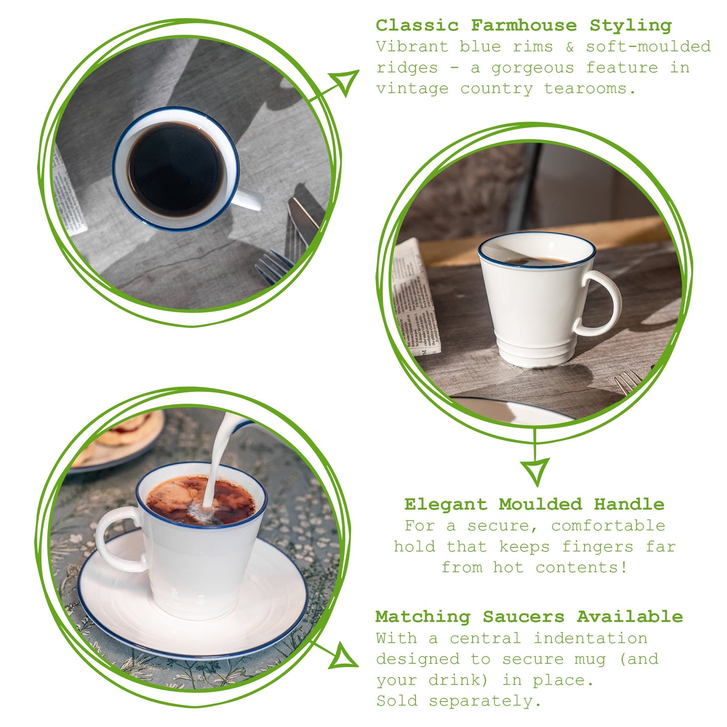 270ml Farmhouse White Porcelain Teacups - Pack of Six