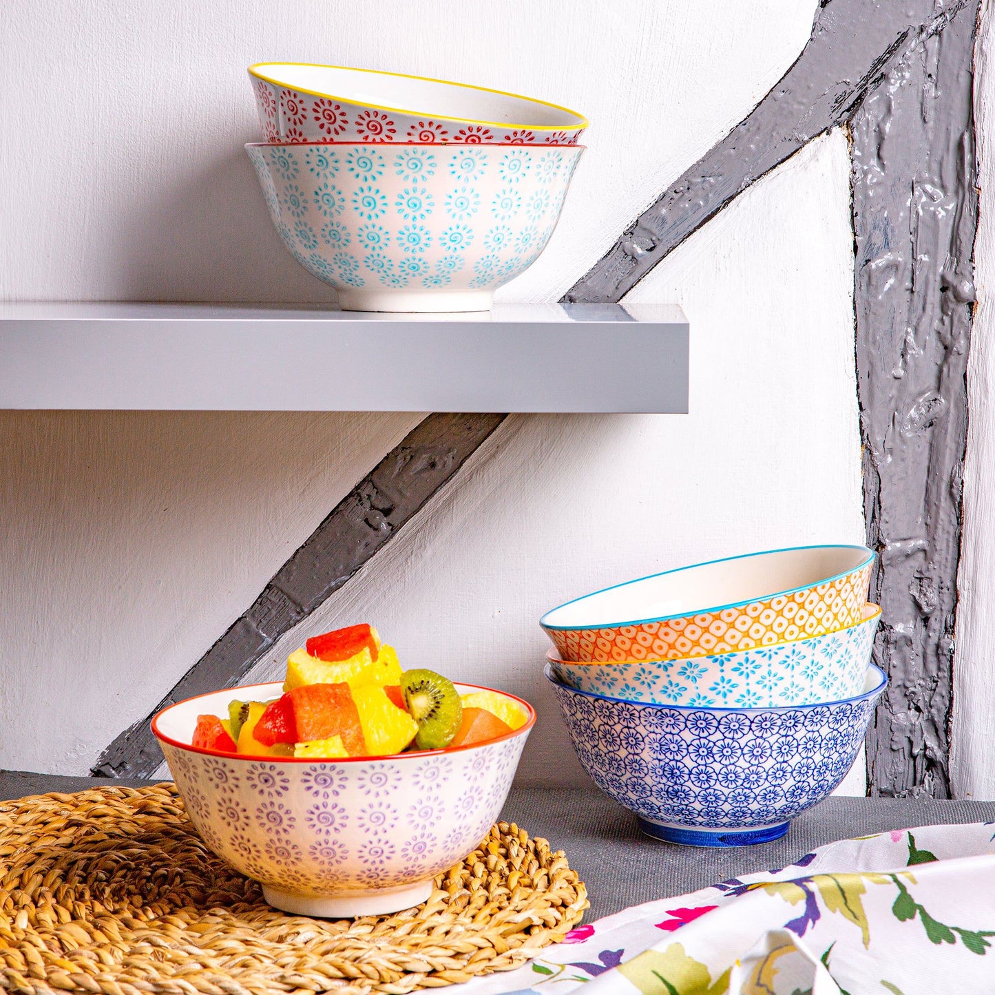 16cm Hand Printed Stoneware Cereal Bowls - Pack of Six