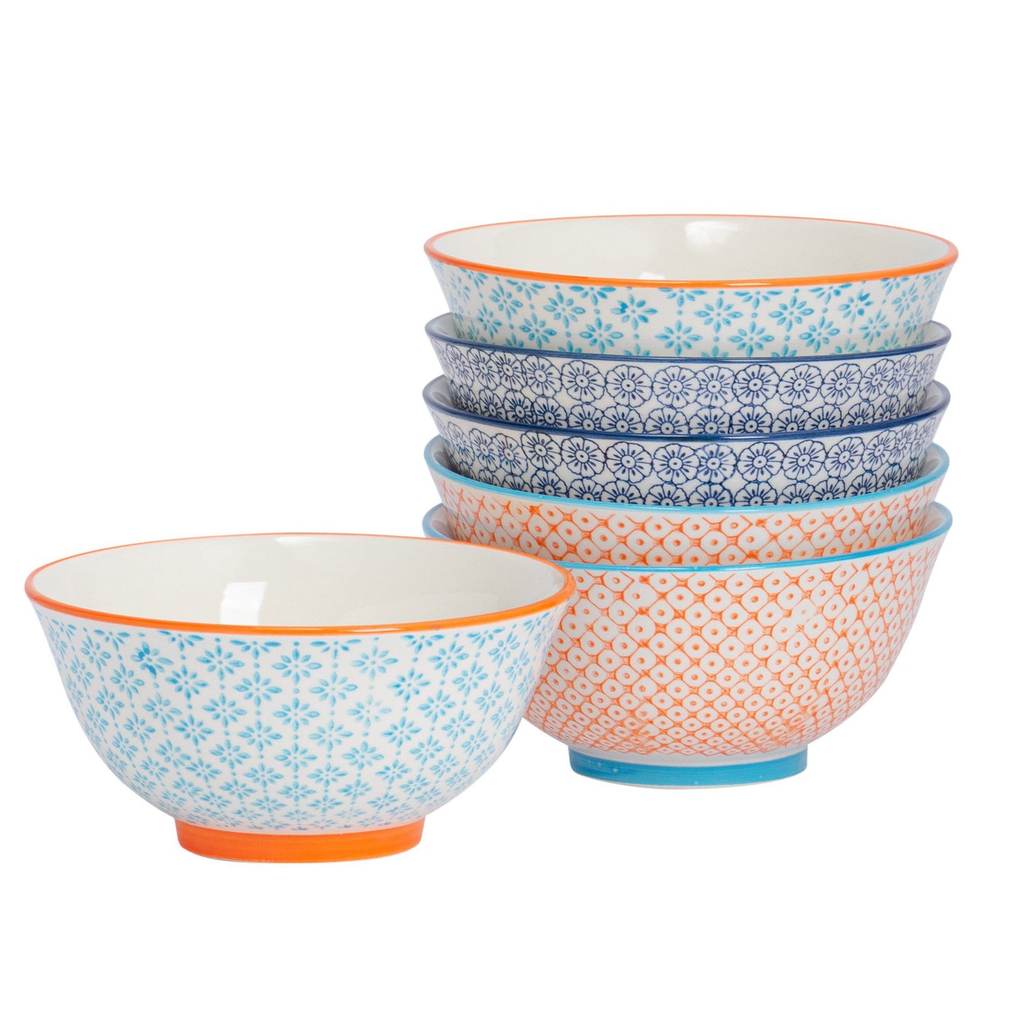 16cm Hand Printed Stoneware Cereal Bowls - Pack of Six