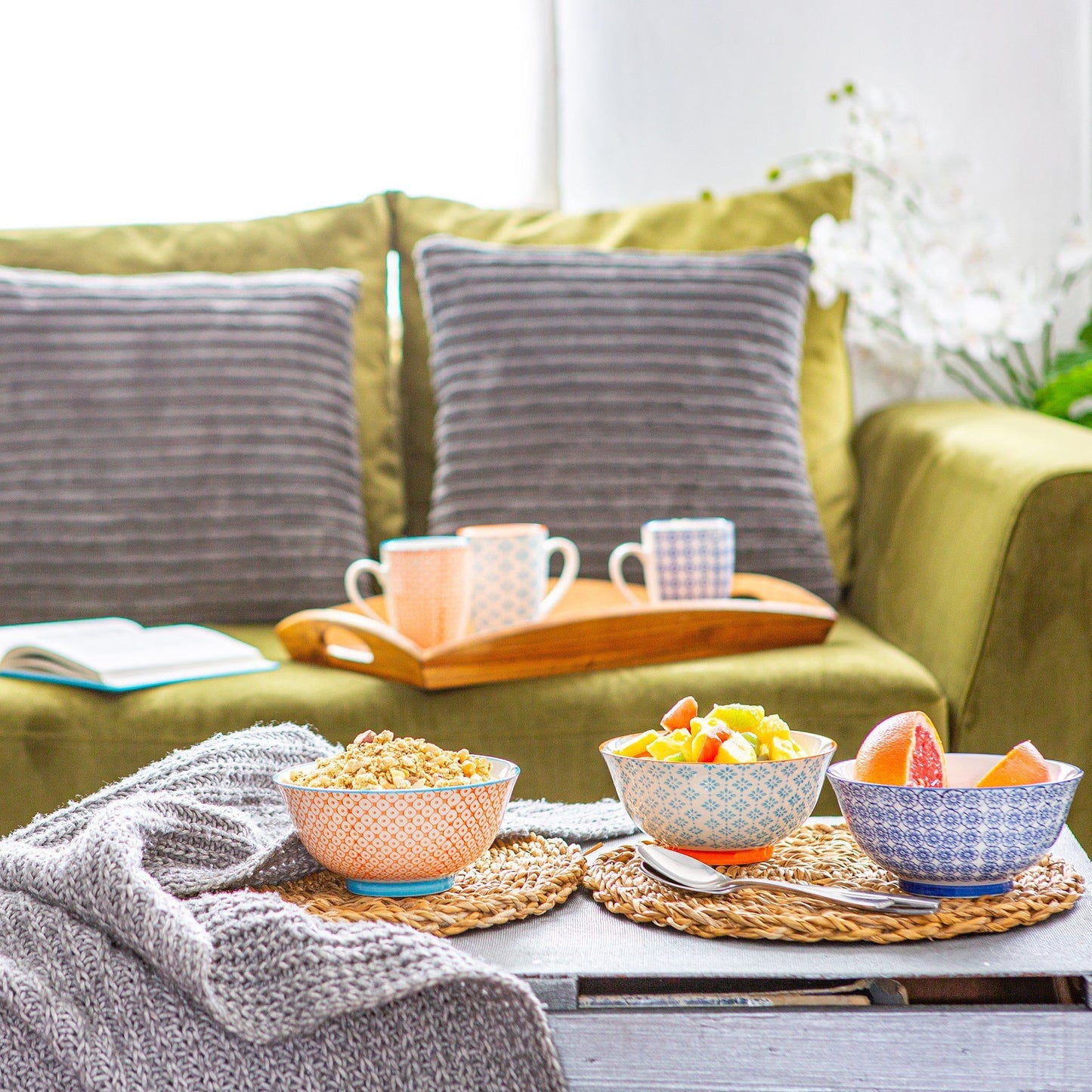 16cm Hand Printed Stoneware Cereal Bowls - Pack of Six
