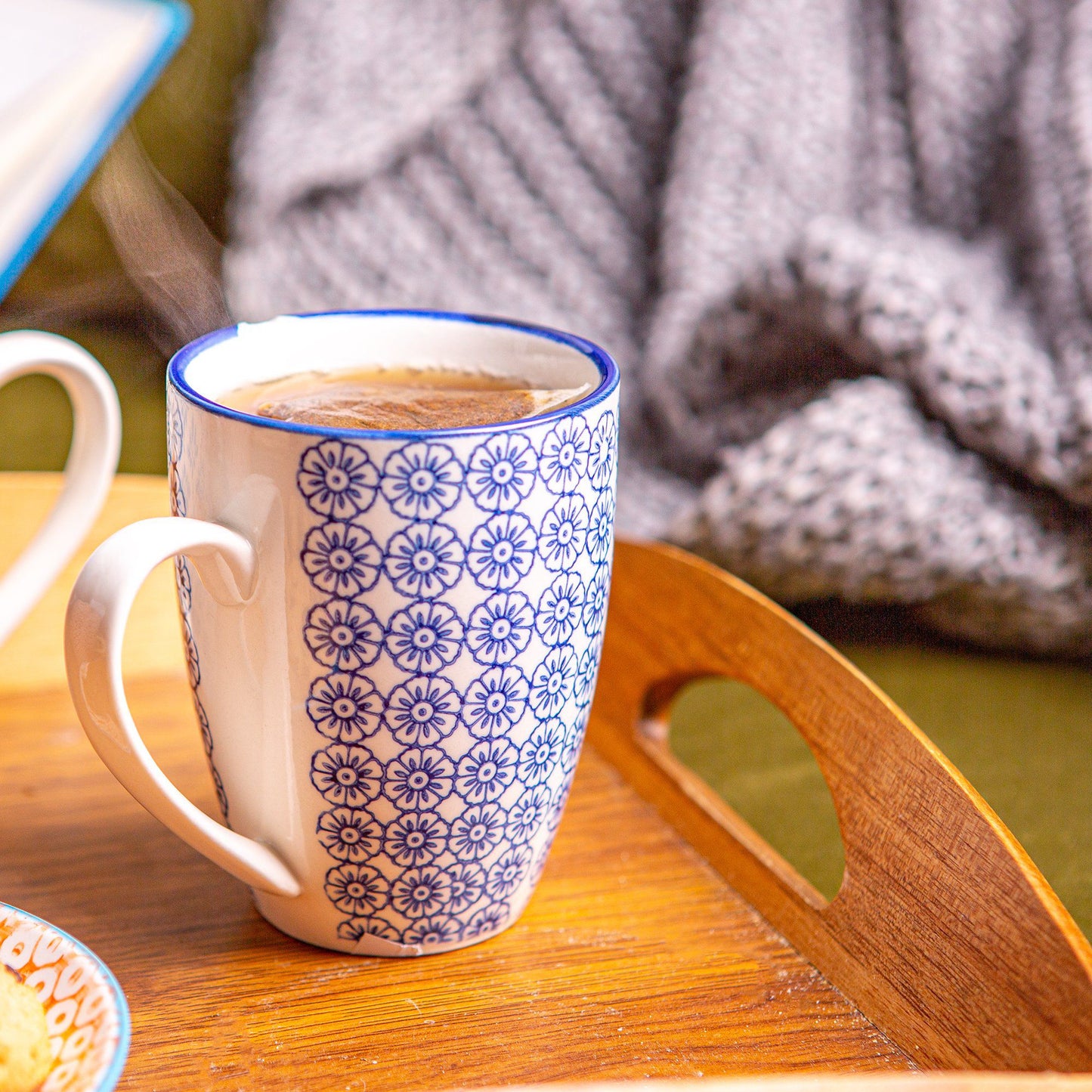360ml Navy Hand Printed Stoneware Coffee Mugs - Pack of Six