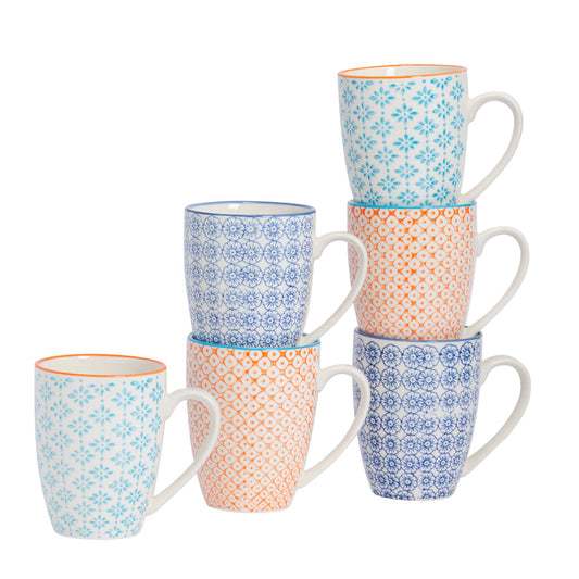 360ml Floral Multicoloured Hand Printed Stoneware Coffee Mugs - Pack of Six