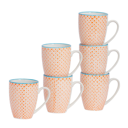 360ml Orange Hand Printed Stoneware Coffee Mugs - Pack of Six