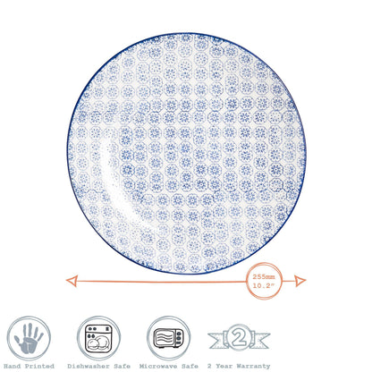 25.5cm Hand Printed Stoneware Dinner Plates - Pack of Six