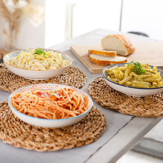 22cm Hand Printed Stoneware Pasta Bowls - Pack of Six