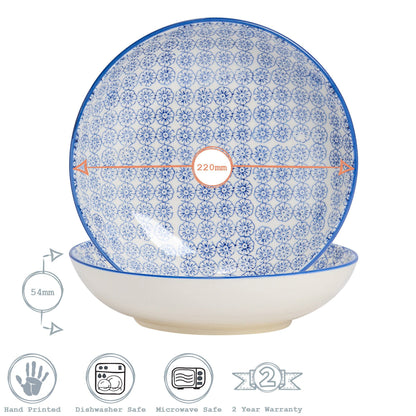 22cm Hand Printed Stoneware Pasta Bowls - Pack of Six