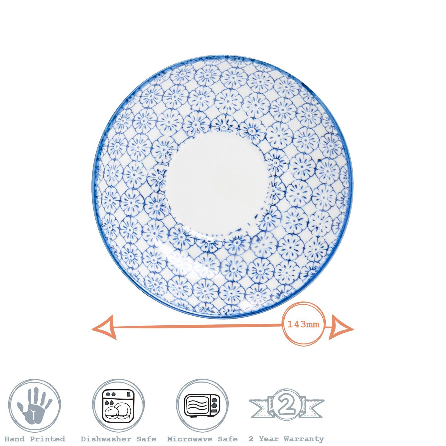 14.5cm Navy Hand Printed Stoneware Cappuccino Saucers - Pack of Six