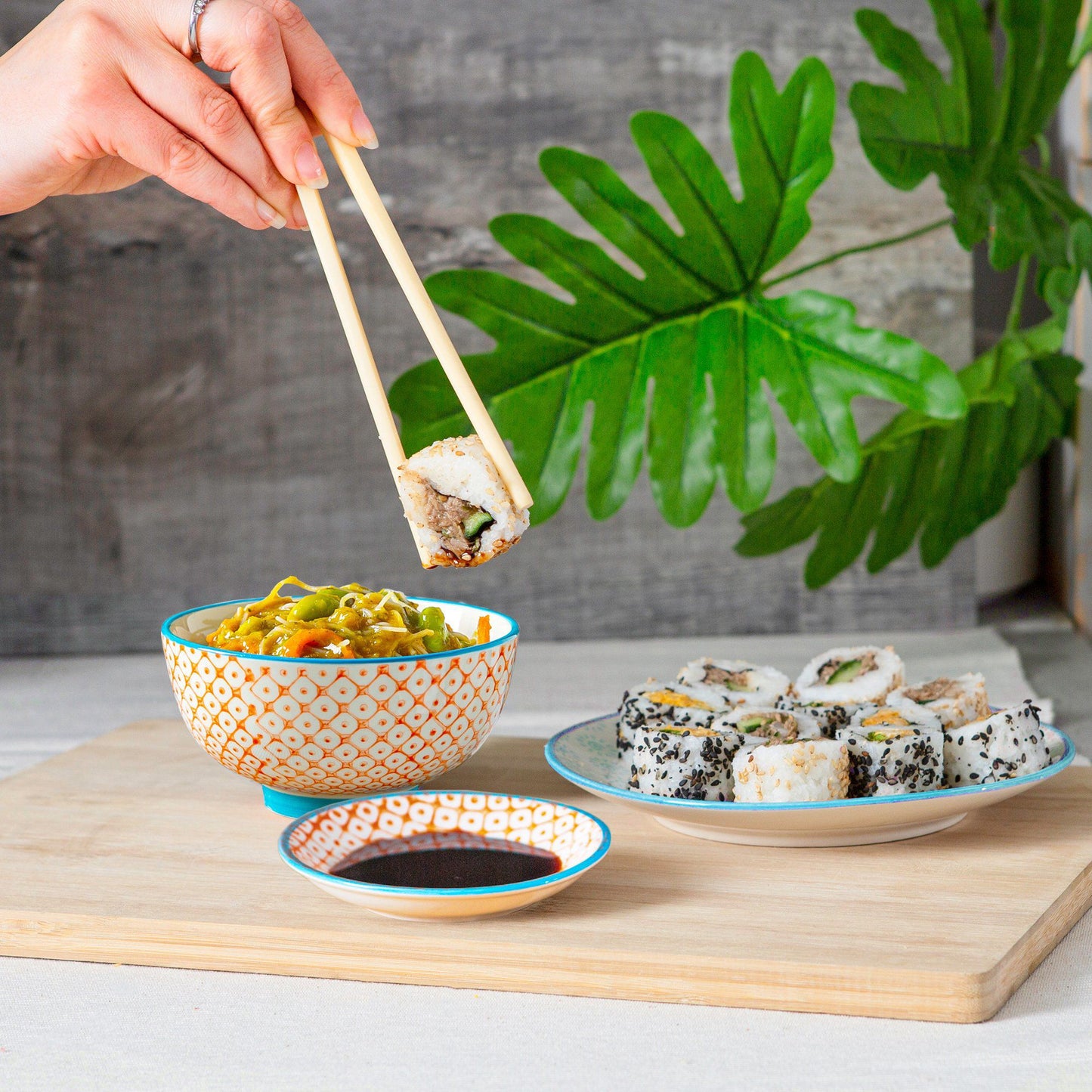 12cm Hand Printed Stoneware Rice Bowls - Pack of Six