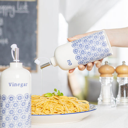 500ml Hand Printed Stoneware Olive Oil Bottle with Pourer