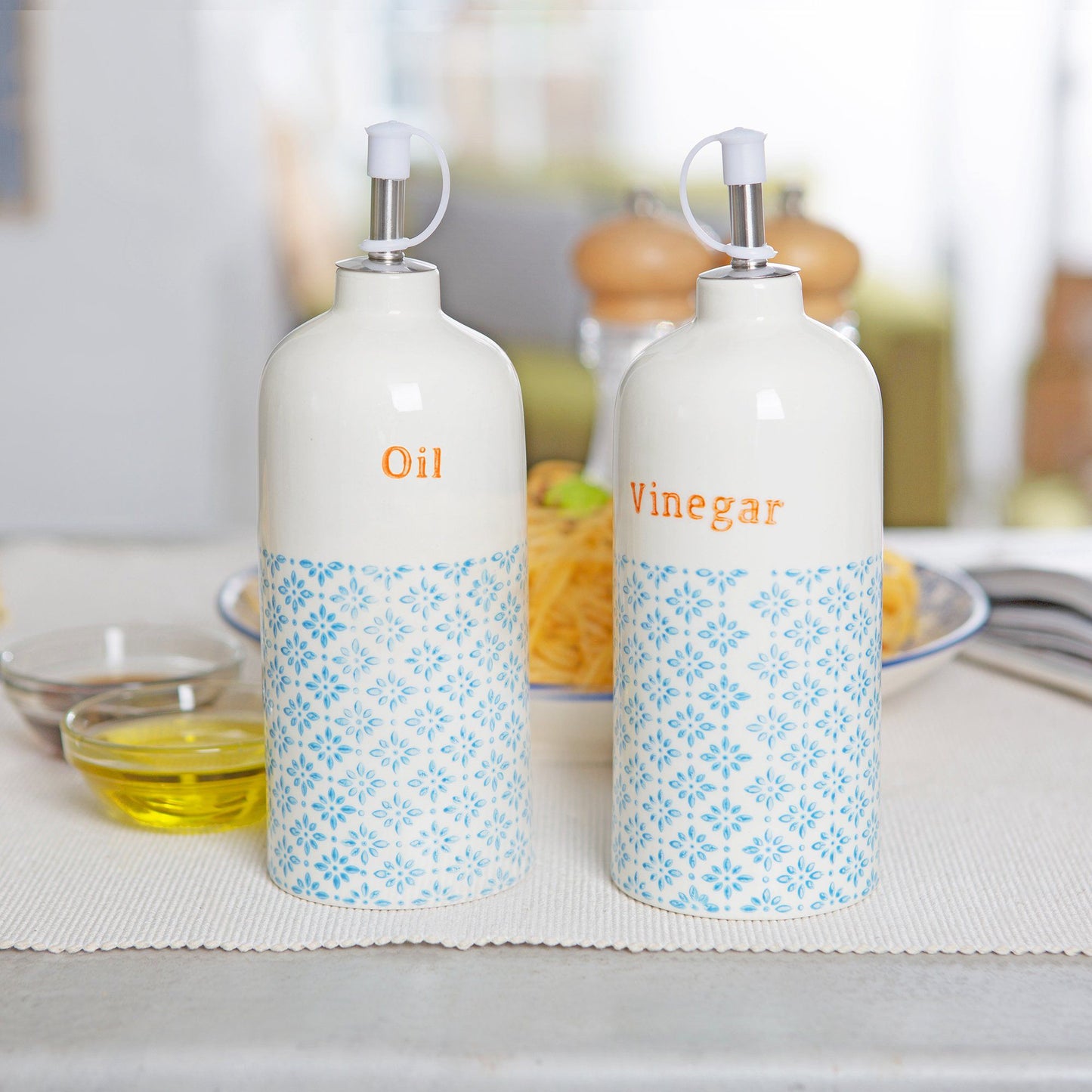 500ml Hand Printed Stoneware Vinegar Bottle with Pourer