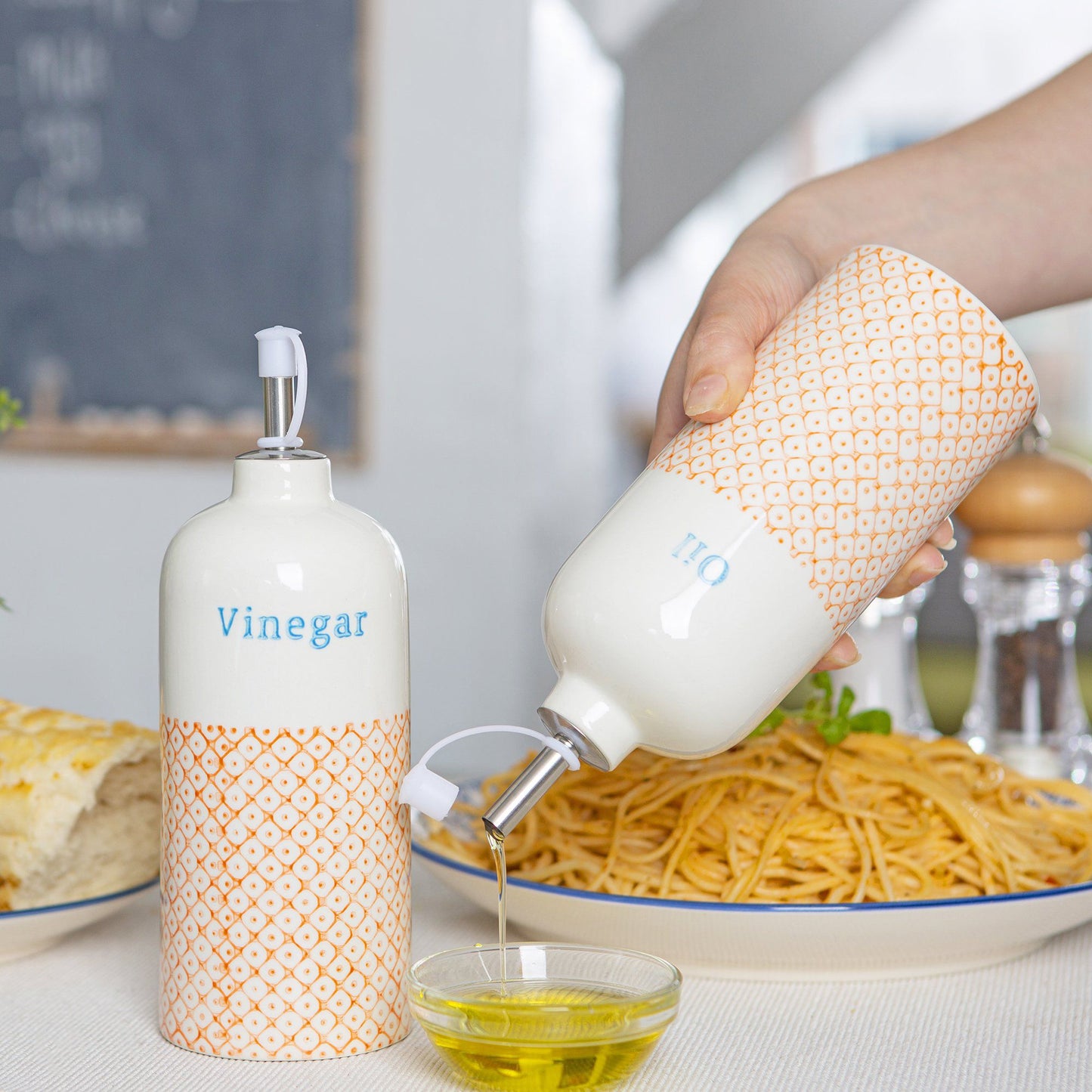 500ml Hand Printed Stoneware Olive Oil Bottle with Pourer