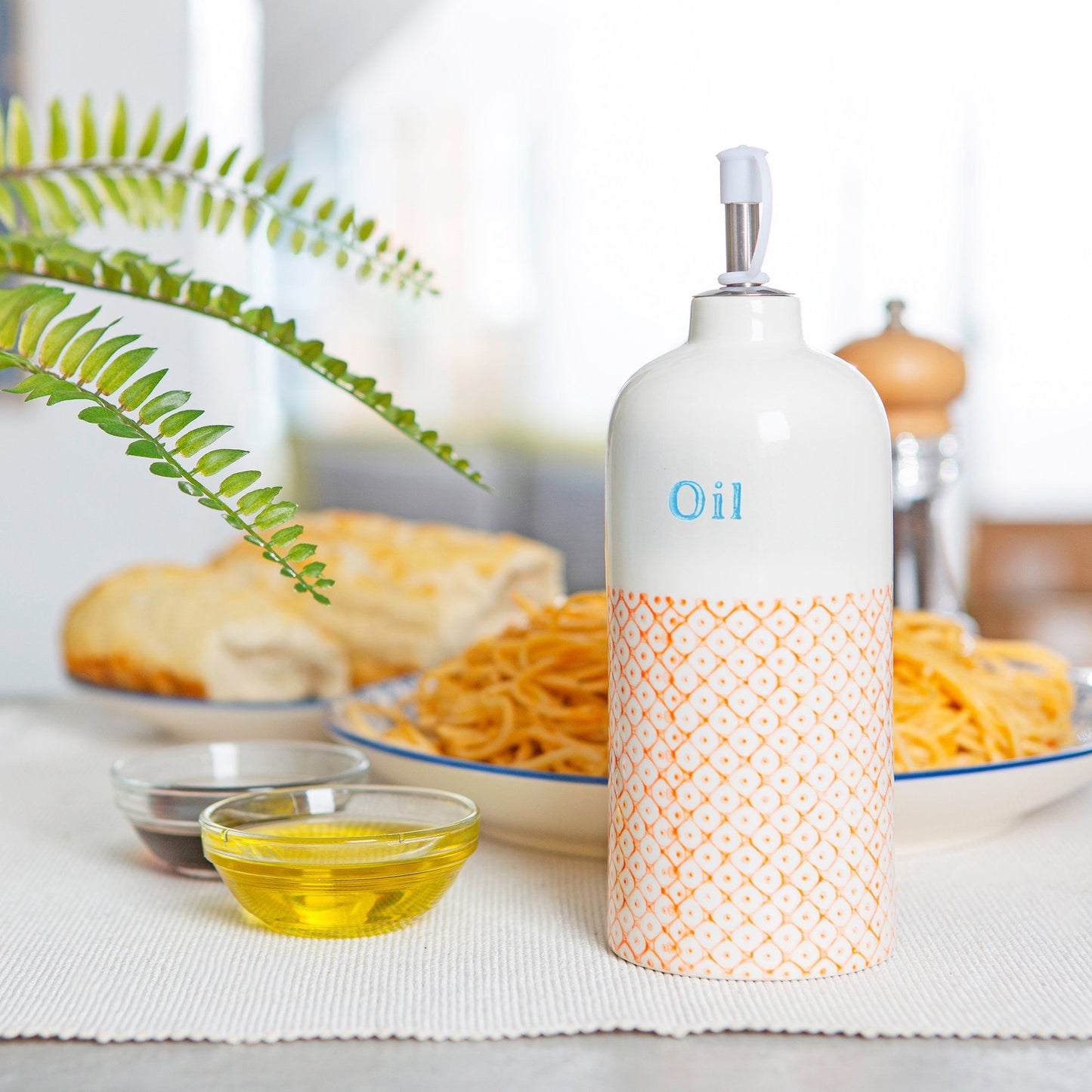 500ml Hand Printed Stoneware Olive Oil Bottle with Pourer