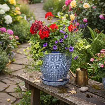 20cm Hand Printed Stoneware Plant Pot with Saucer