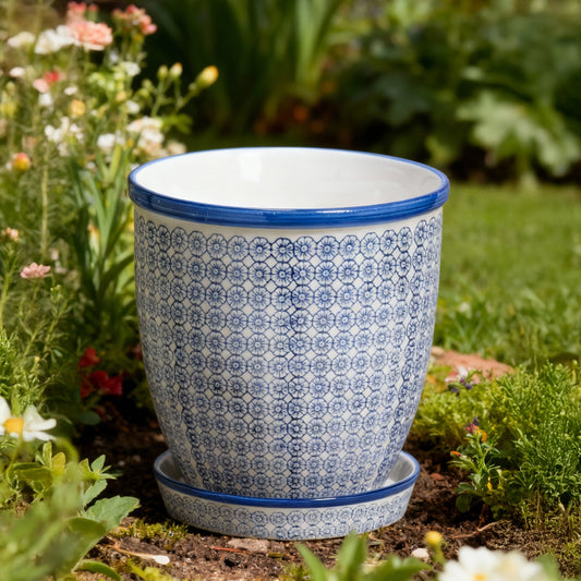 20cm Hand Printed Stoneware Plant Pot with Saucer