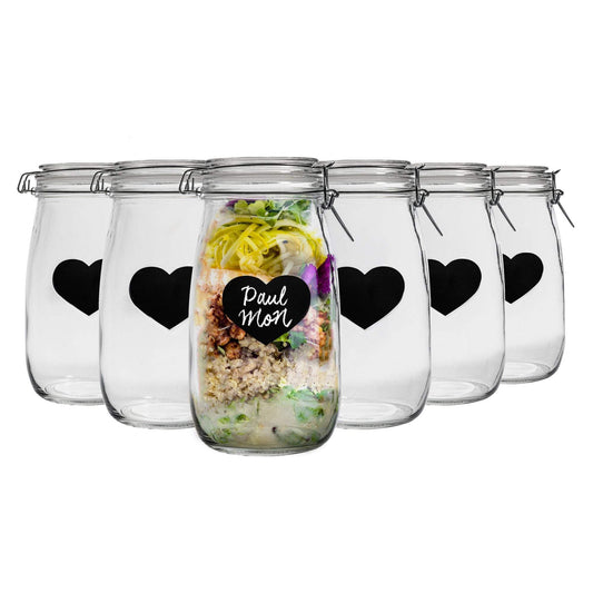 1.5L Air tight Glass Storage Jar with Embossed Heart Detail & Label - Pack of Six