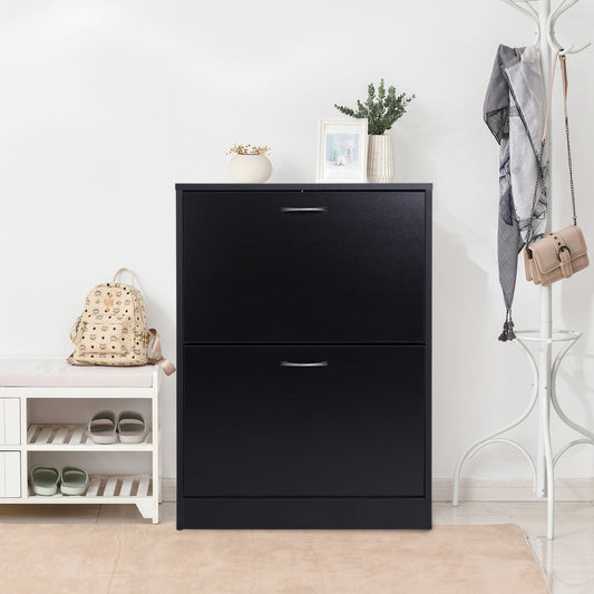 Shoe Cabinet Storage Cupboard 2-Tier Wood Tipping Bucket Modern Hall Organizer With Drawer Adjustable Shelf Large-Capacity Black