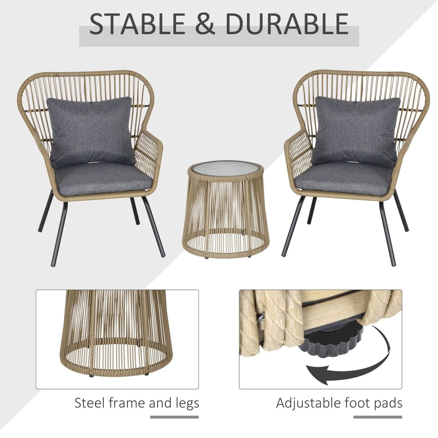 3-Piece PE Rattan Outdoor Conservatory Dining Set 2 Chairs Coffee Table Bistro Garden w/ Cushions Brown