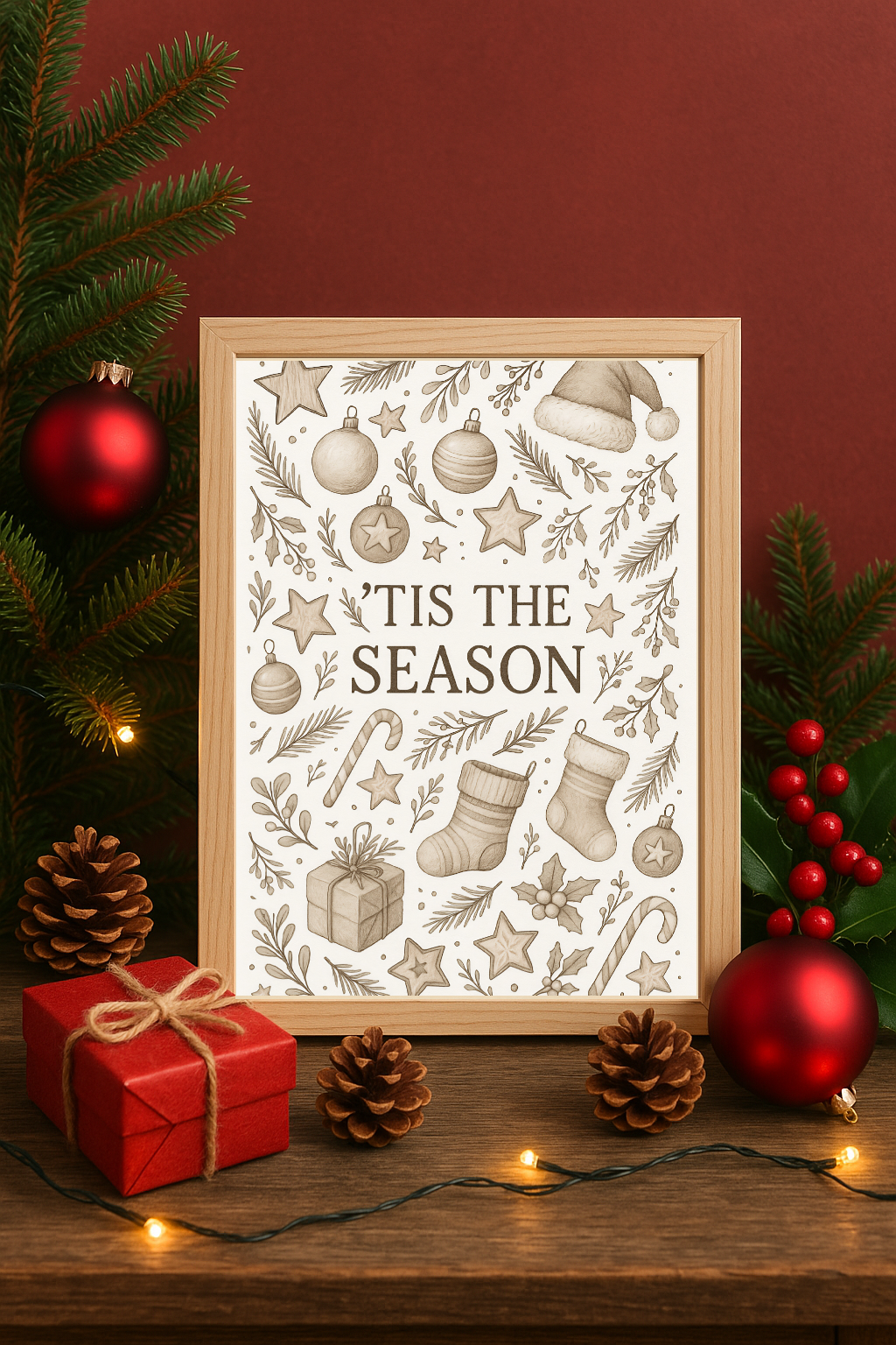 Neutral ’Tis the Season Wall Art – Neutral Christmas Stockings, Gifts & Ornaments Print