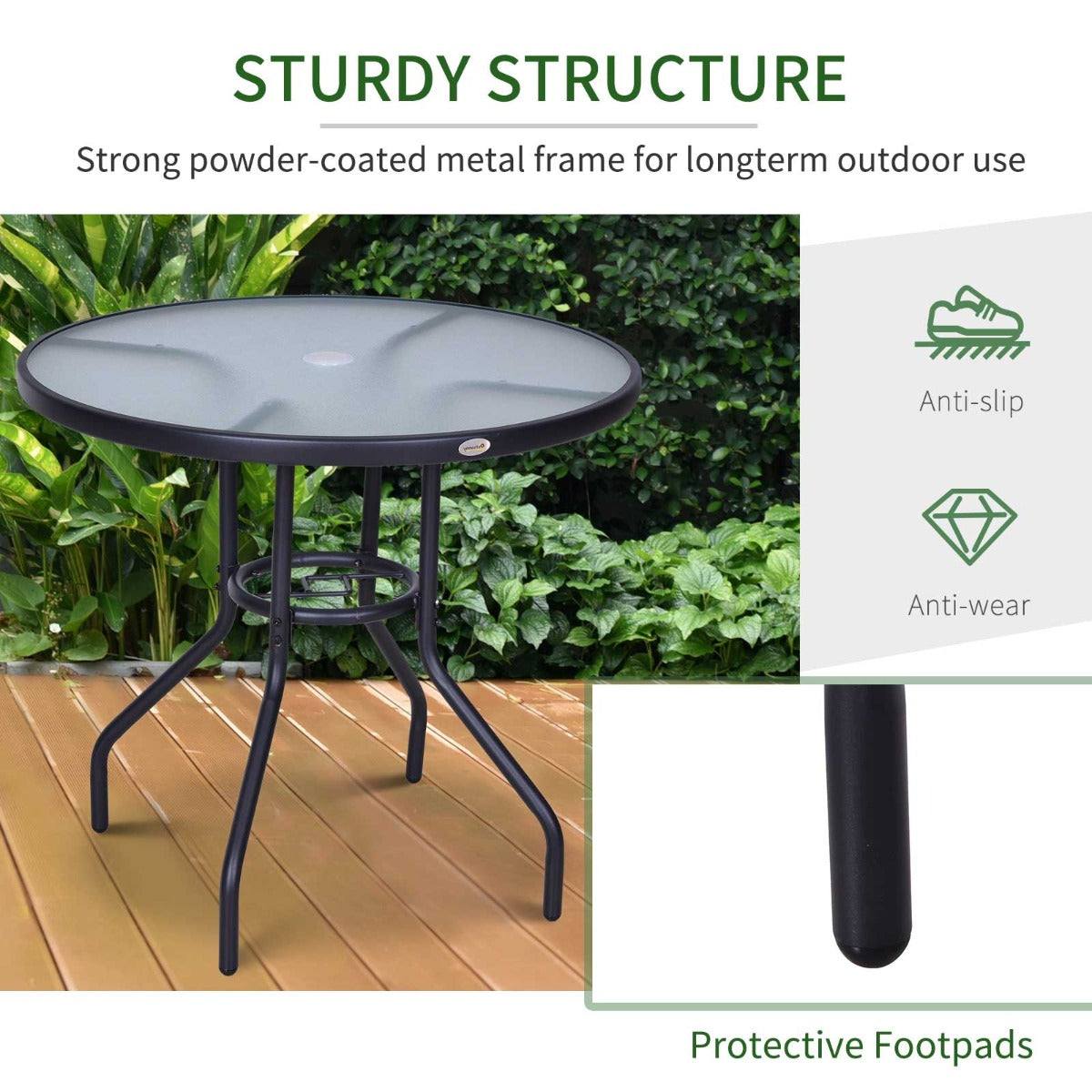 Outdoor 80cm Round Dining Table Tempered Glass Top Steel Frame Bistro Coffee End Side Table Garden w/ Parasol Hole