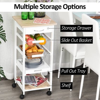 Mobile Rolling Kitchen Island Trolley for Home w/ Metal Baskets Trays Shelves Wheels Compact Stylish Storage White