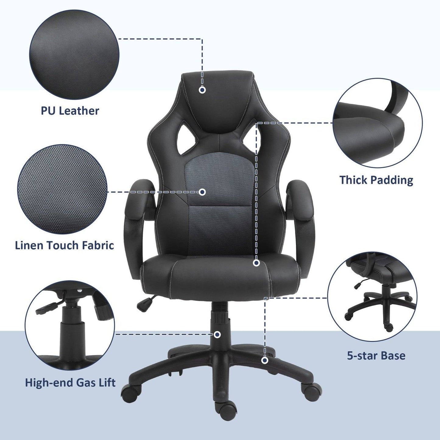 High-Back Office Chair Faux Leather Swivel Computer Desk Chair For Home Office With Wheels Armrests Black