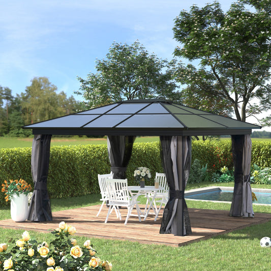 Outsunny 3.6 x 4m Hardtop Gazebo with UV Resistant Polycarbonate Roof & Aluminium Frame, Garden Pavilion with Mosquito Netting and Curtains Black