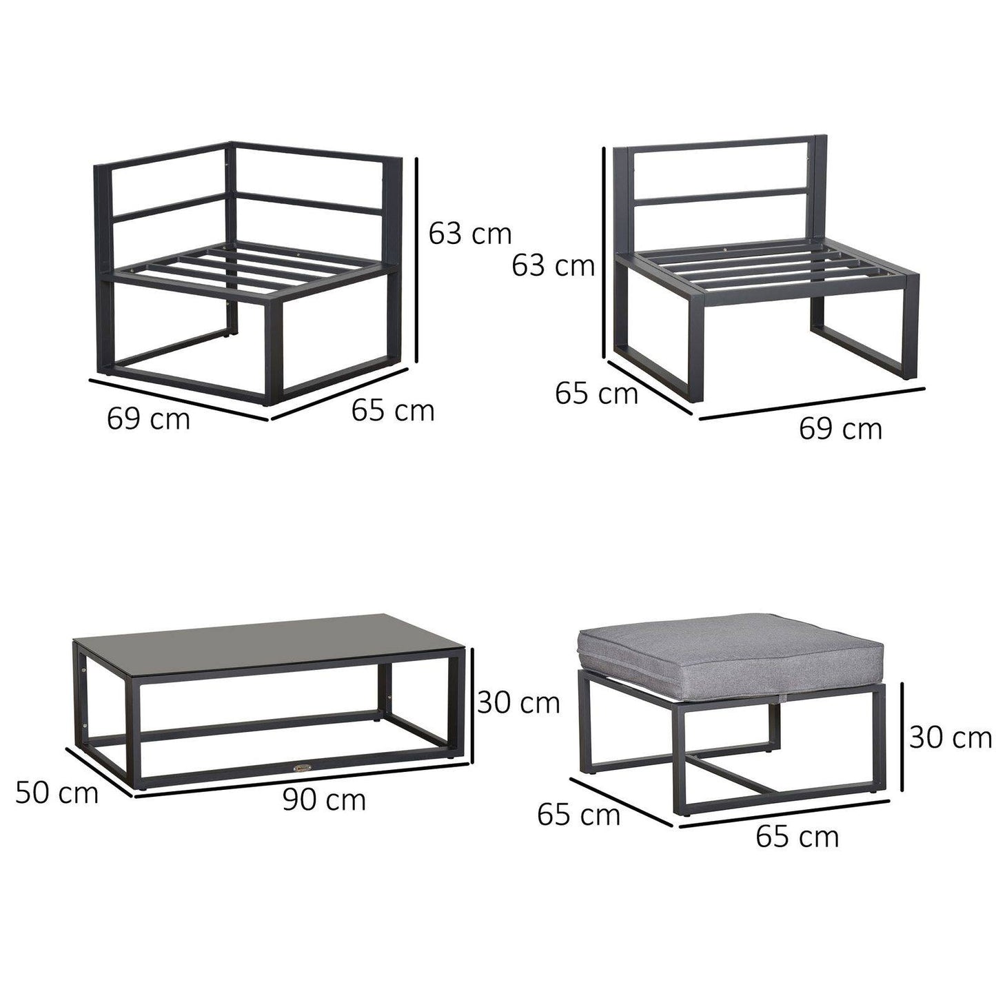 5-Pieces Outdoor Patio Furniture Set with Glass End Table Padded Cushion Grey