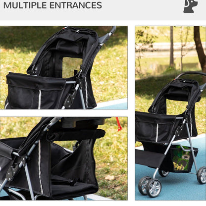 PawHut Pet Stroller for Small Miniature Dogs Cats Foldable Travel Carriage with Wheels Zipper Entry Cup Holder Storage Basket Black