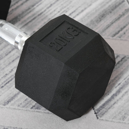 Homcom 20KG Single Rubber Hex Dumbbell Portable Hand Weights Dumbbell Home Gym