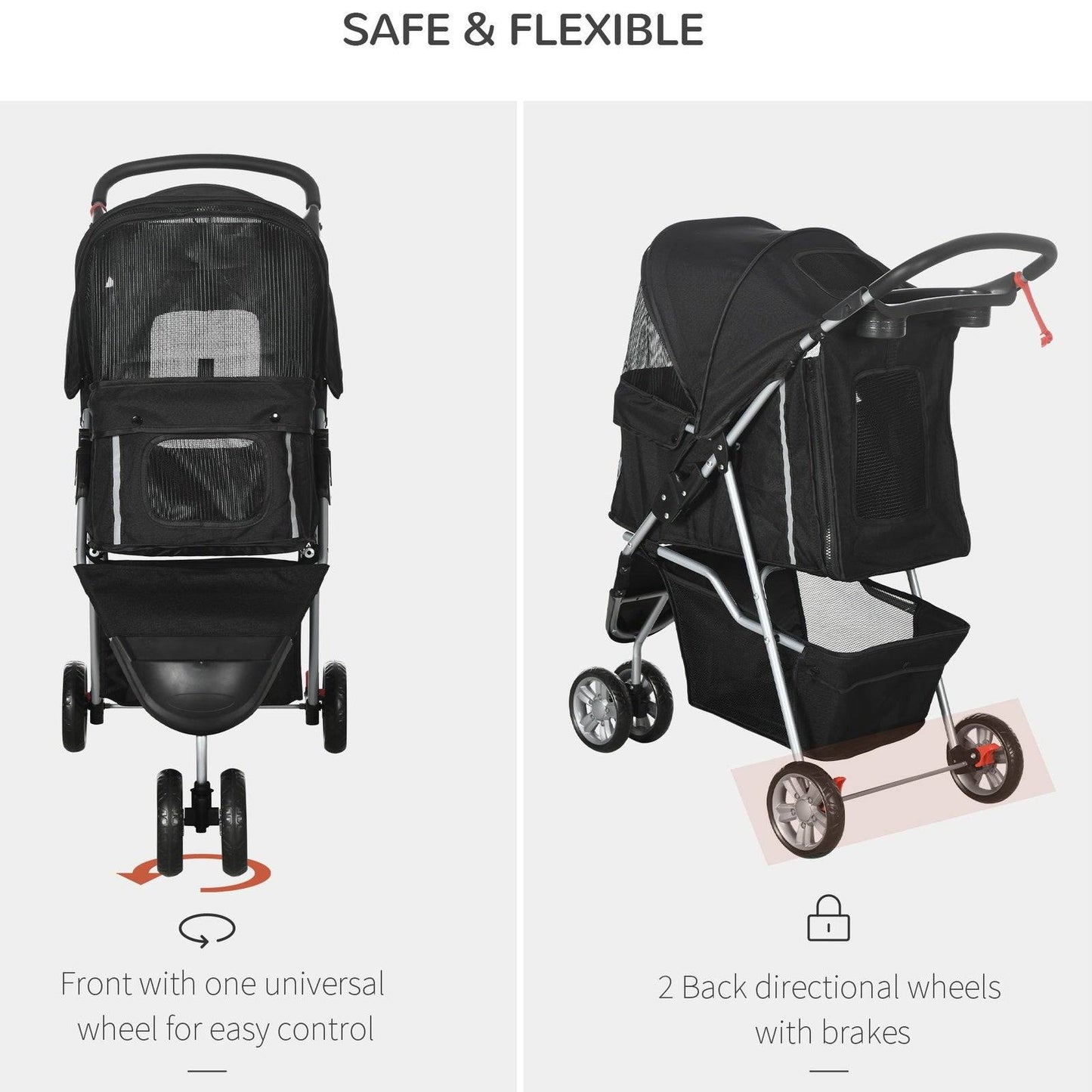 PawHut Pet Travel Stroller Cat Dog Pushchair Trolley Puppy Jogger Carrier Three Wheels for Small Miniature DogsBlack