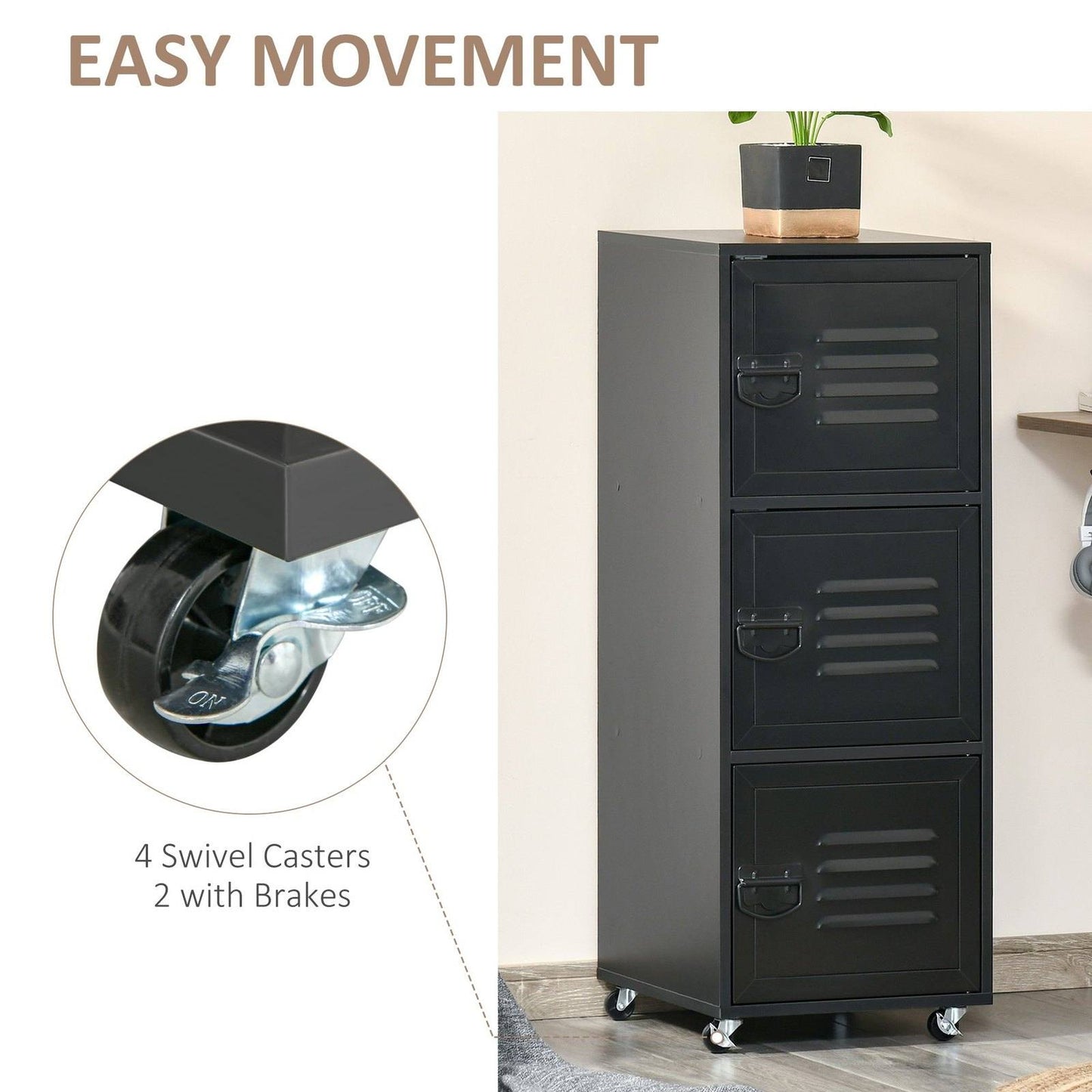 Rolling Storage Cabinet 3-Tier Mobile File Cabinet with Wheels & Metal Doors for Home Office