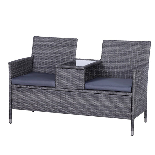 2 Seater PE Rattan Outdoor Garden Bench w/ Centre Table Grey