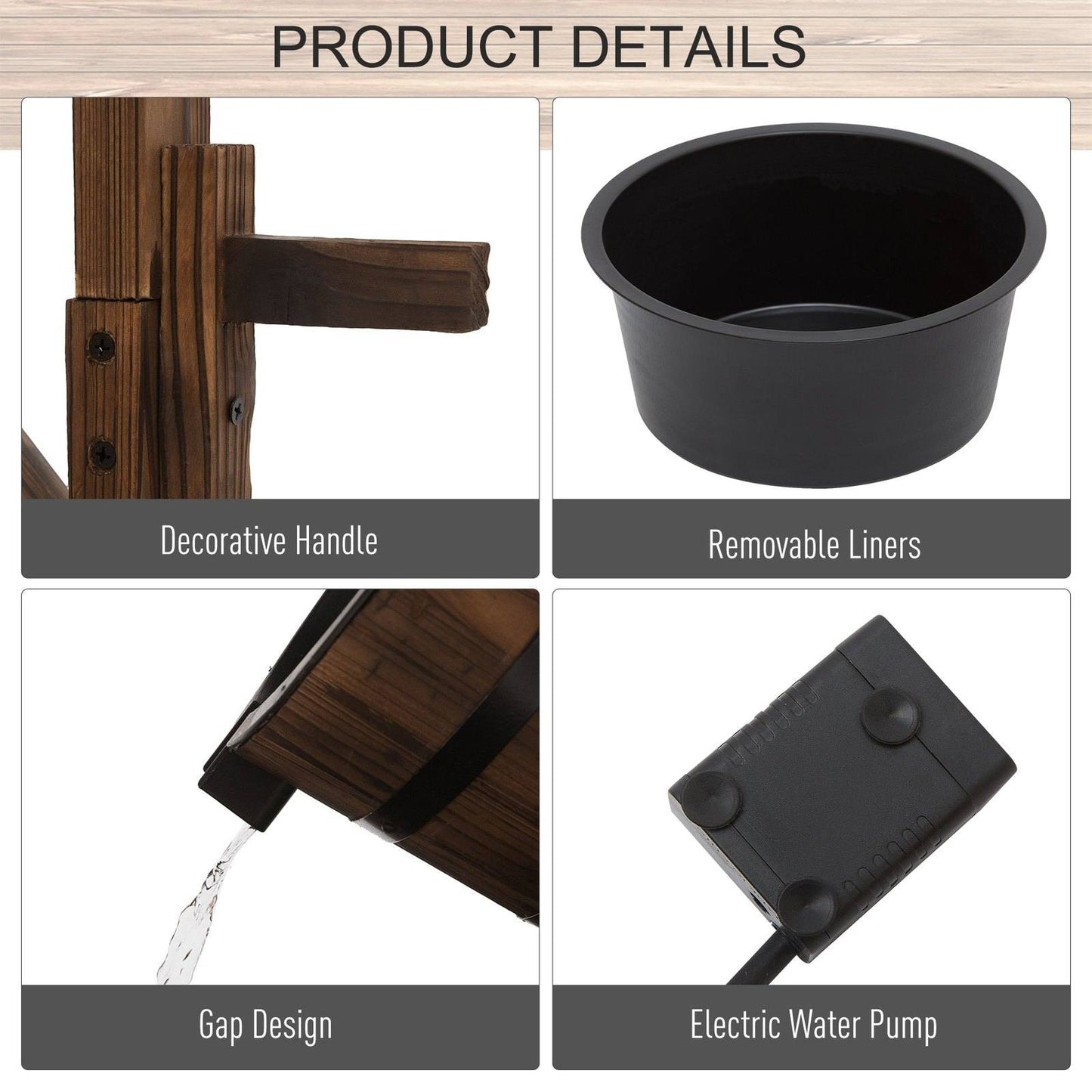 Outsunny Wooden Garden Wishing Well Fountain Barrel Waterfall Rustic Wood With Pump Garden Décor Ornament