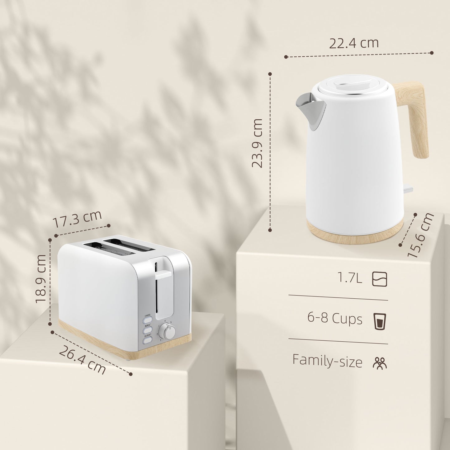 HOMCOM 1.7L Electric Fast Boil Kettle and 2 Slice Toaster Set, White