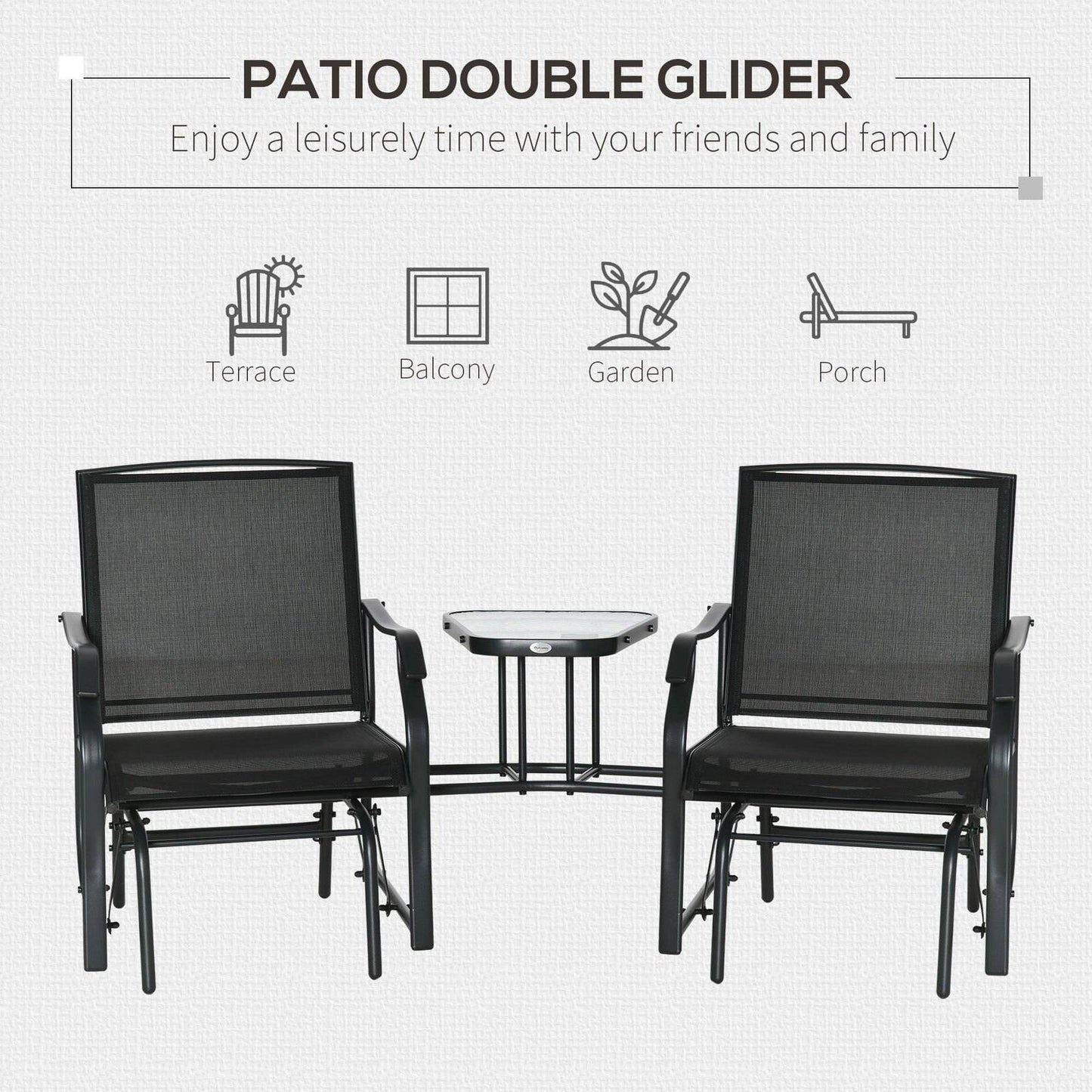 Garden Double Glider Rocking Chairs Metal Gliding Love Seat with Middle Table Conversation Set Patio Backyard Relax Outdoor Furniture Black