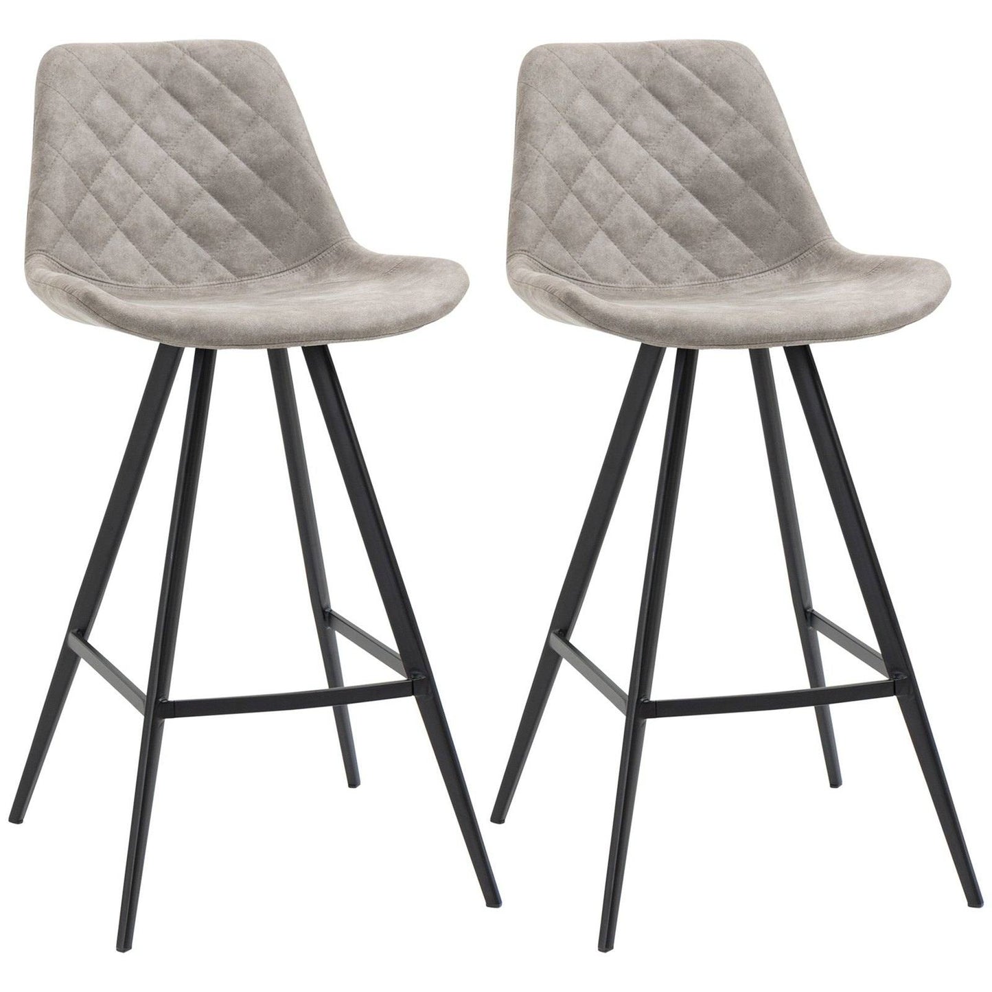 Set Of 2 Bar Stools Vintage Microfiber Cloth Tub Seat Padded Comfortable Steel Frame Footrest Quilted Home Bar Cafe Kitchen Chair Stylish Grey
