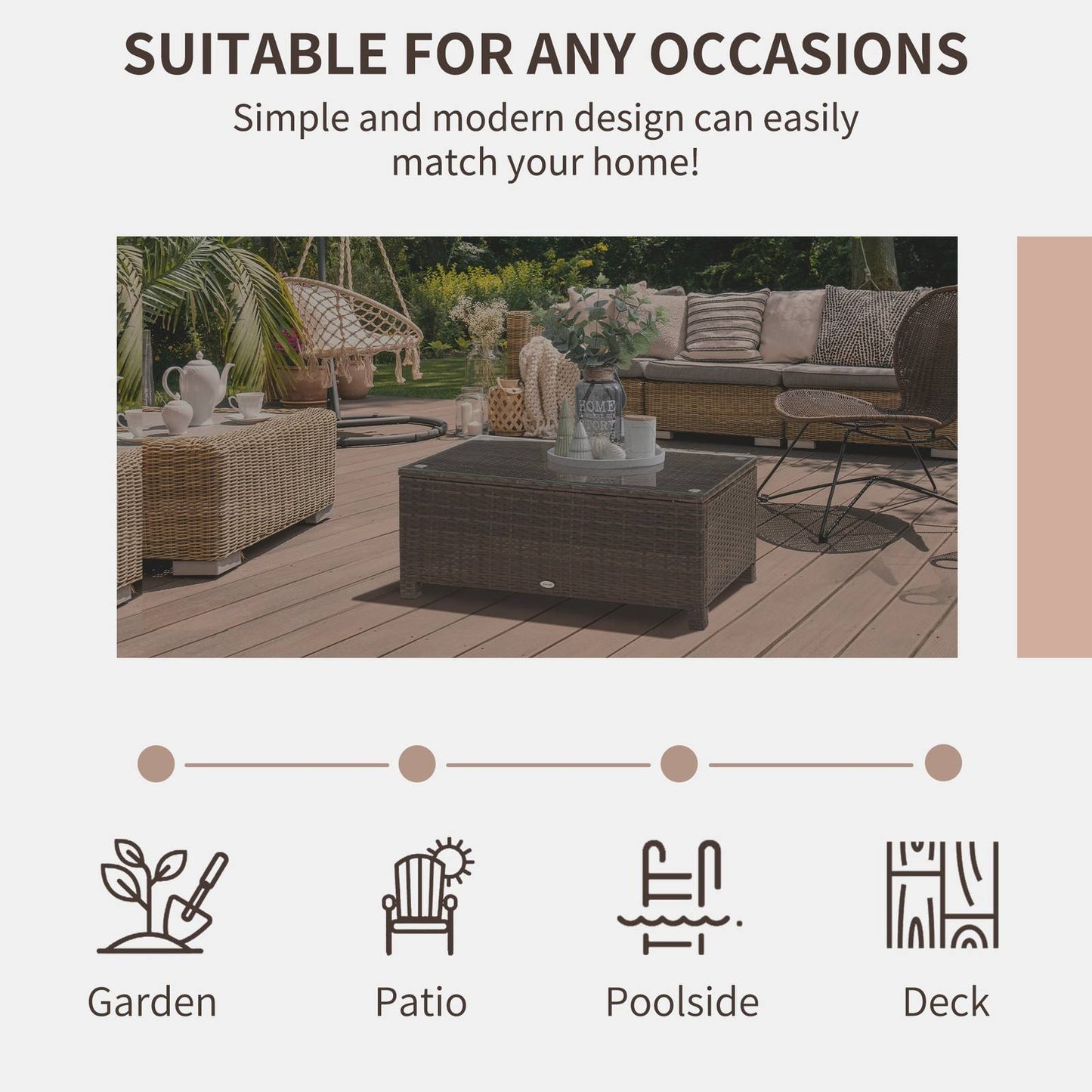 PE Rattan Garden Coffee Table with Glass Table Top - Brown