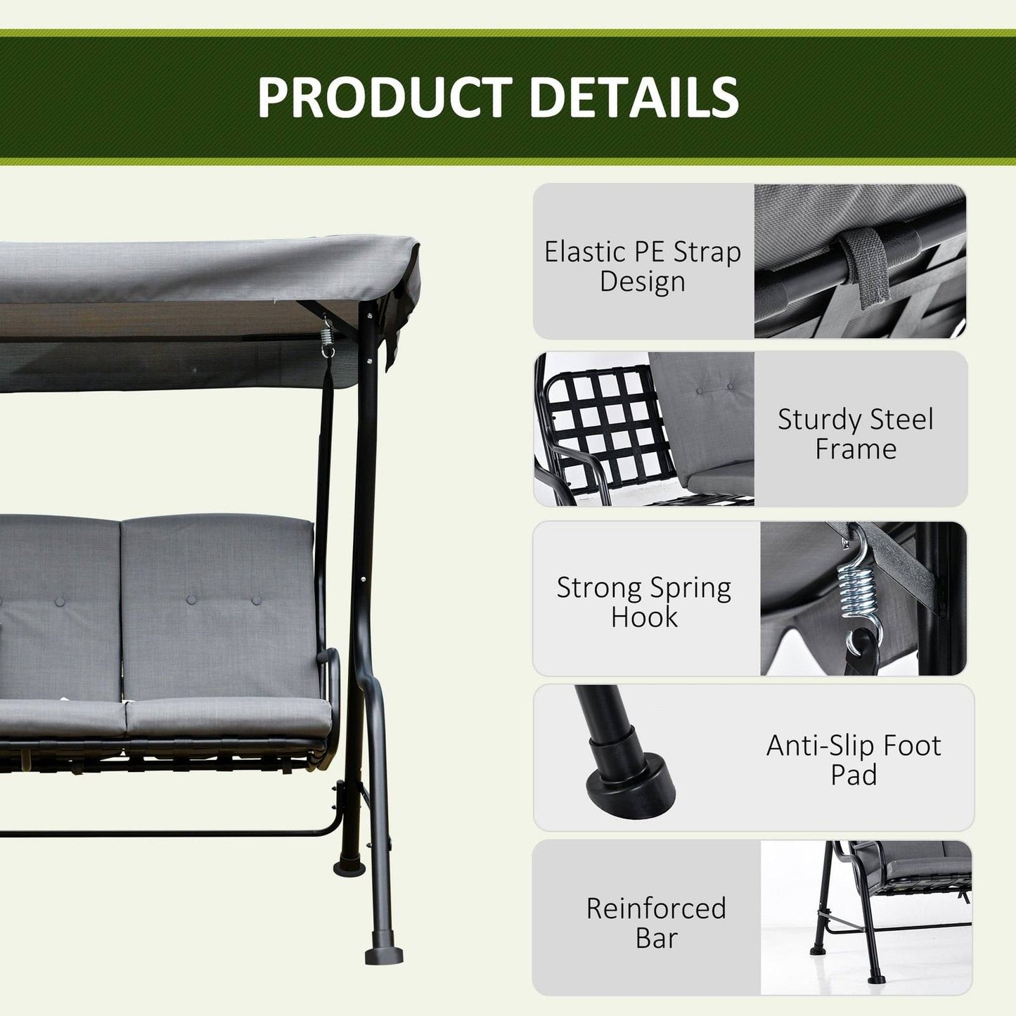 Outdoor 3-person Metal Porch Swing Chair Bench