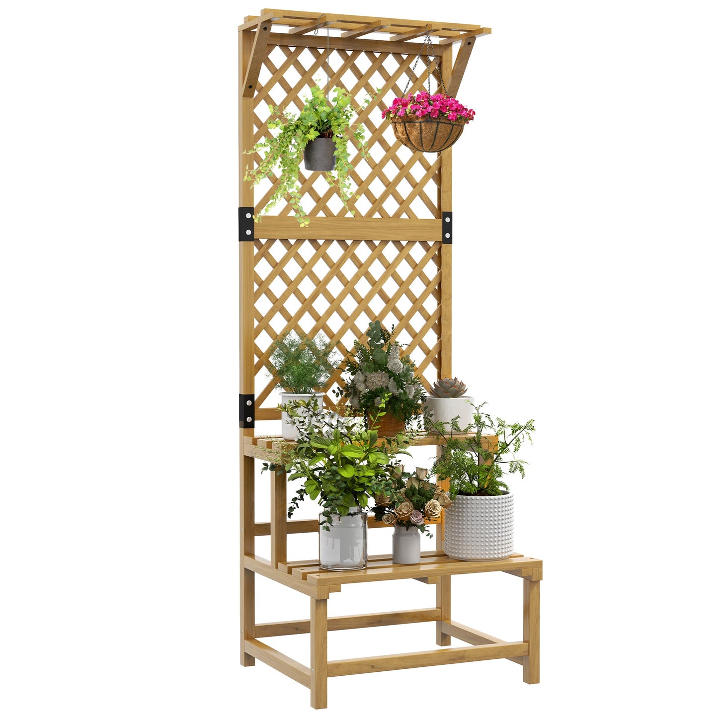 Outsunny Wooden Plant Stand with Trellis for Climbing Plants, Yellow