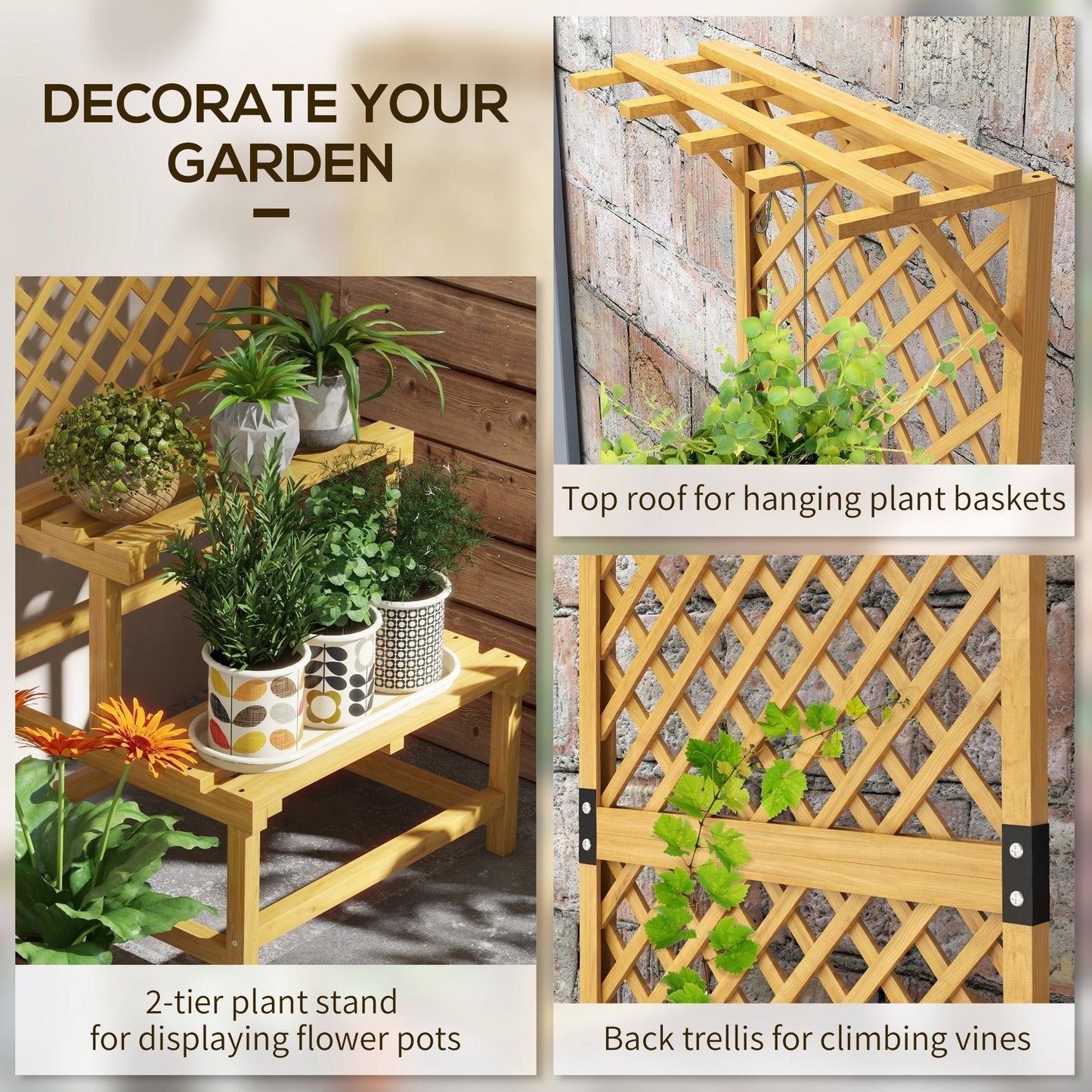 Outsunny Wooden Plant Stand with Trellis for Climbing Plants, Yellow