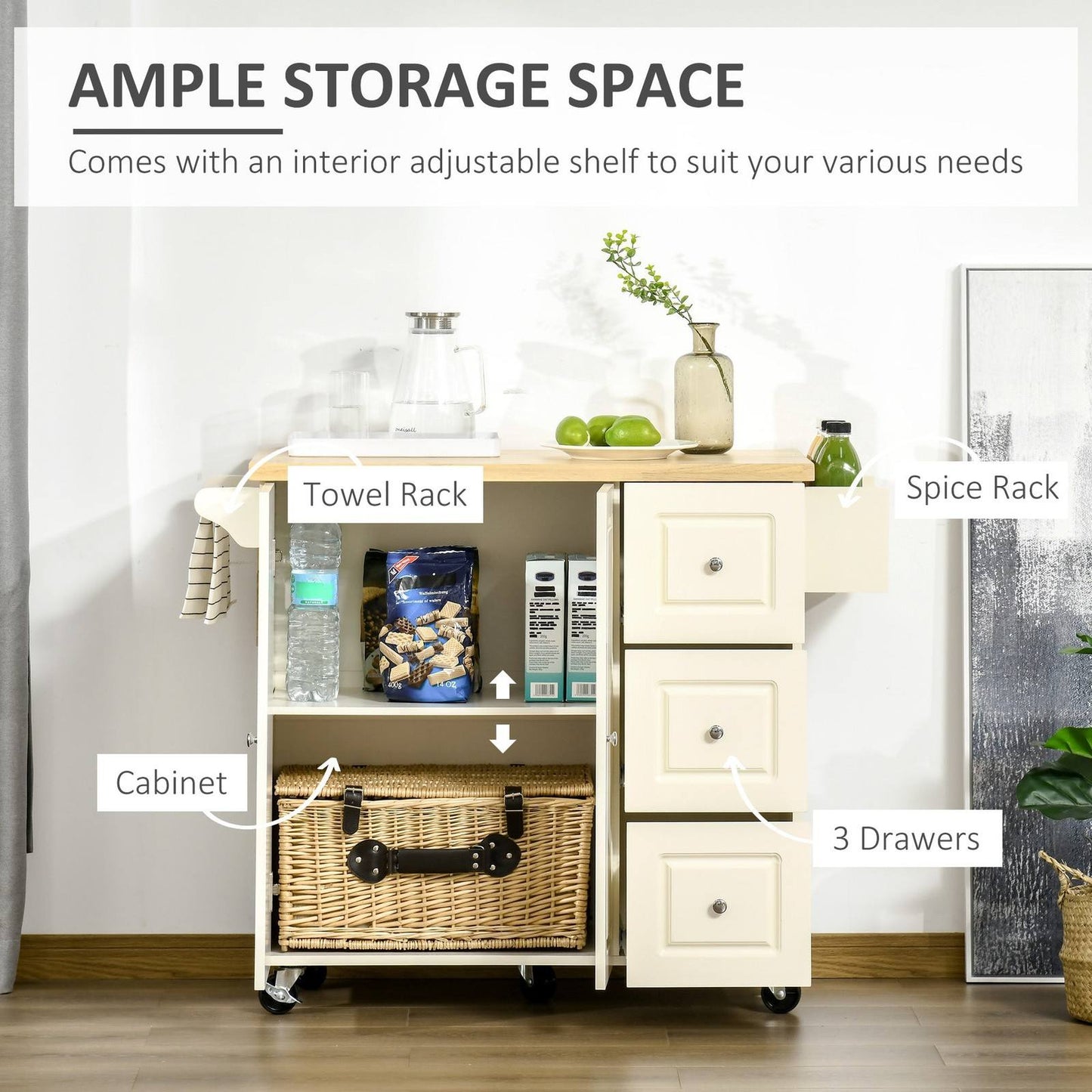Drop-Leaf Kitchen Island on Wheels Utility Storage Cart with Drawers & Cabinet for Kitchen