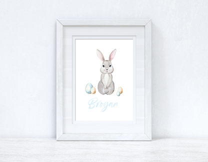 Personalised Blue Wording Bunny Eggs Easter Spring Seasonal Wall Home Decor Print